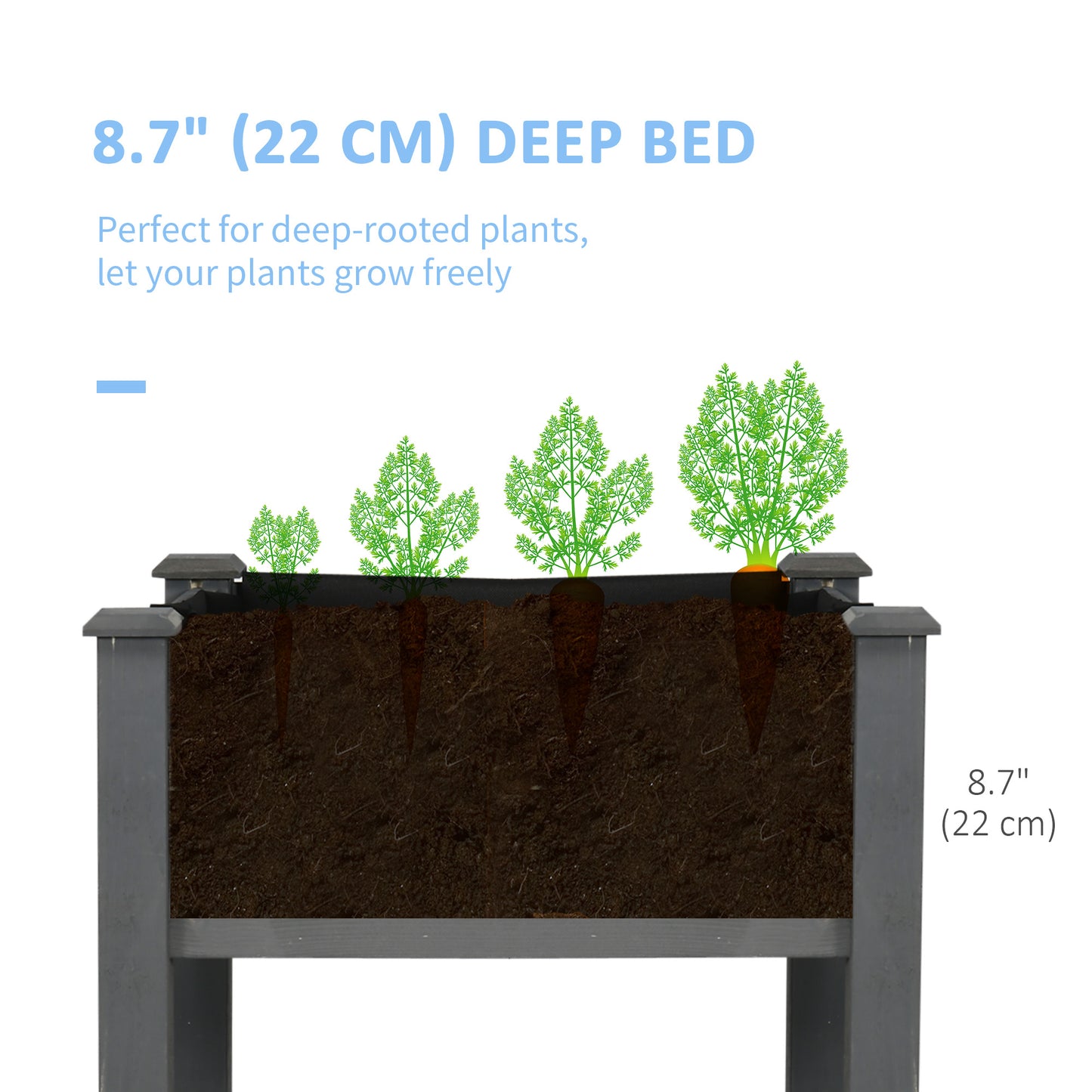 Outsunny Wooden Raised Bed 86 x 45 x 76 cm, Raised Planter with Legs, Drainage Holes, Inner Bag for Garden, Dark Grey