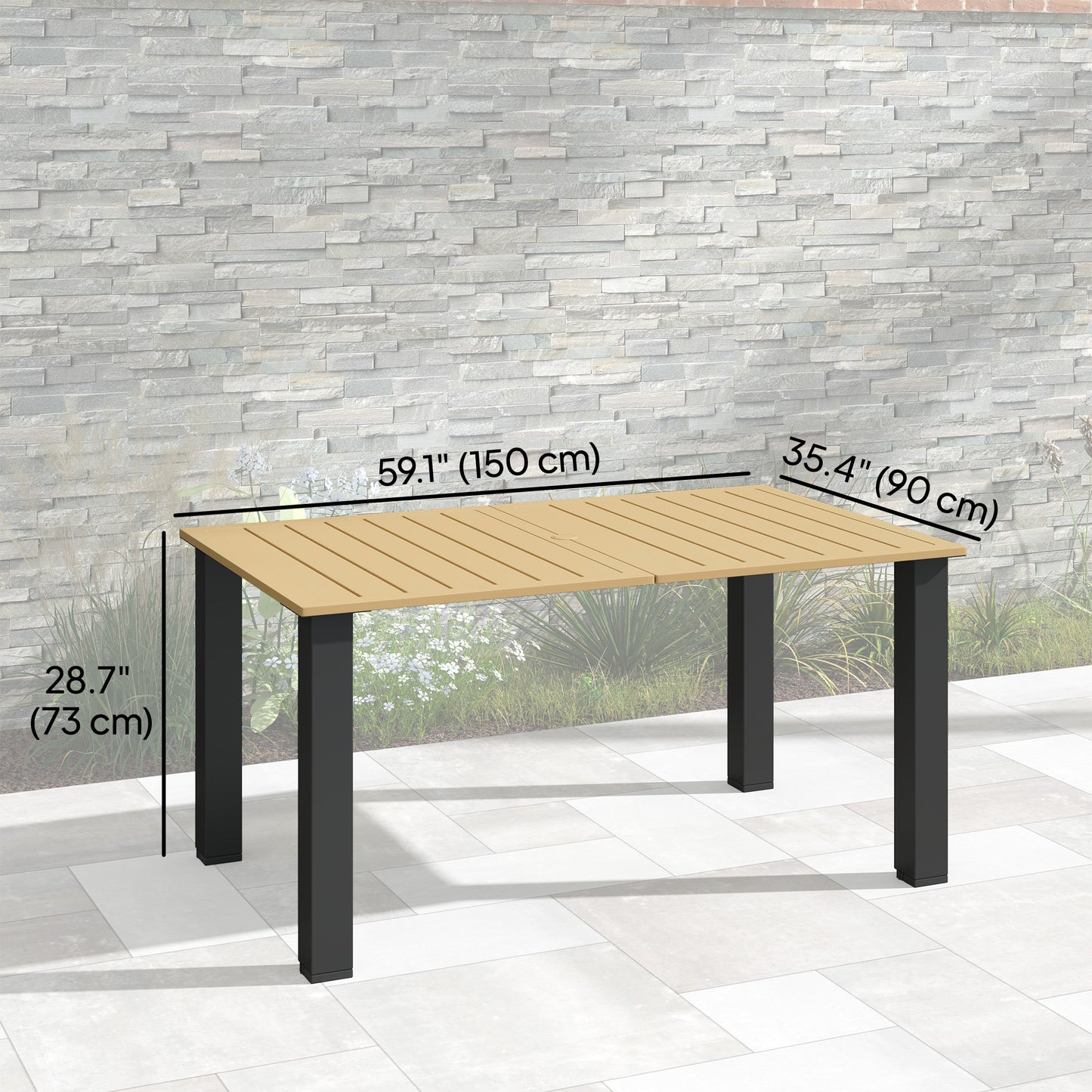 Outsunny 59" Outdoor Patio Table with Umbrella Hole, Outdoor Dining Table with Slatted Top for Garden, Brown