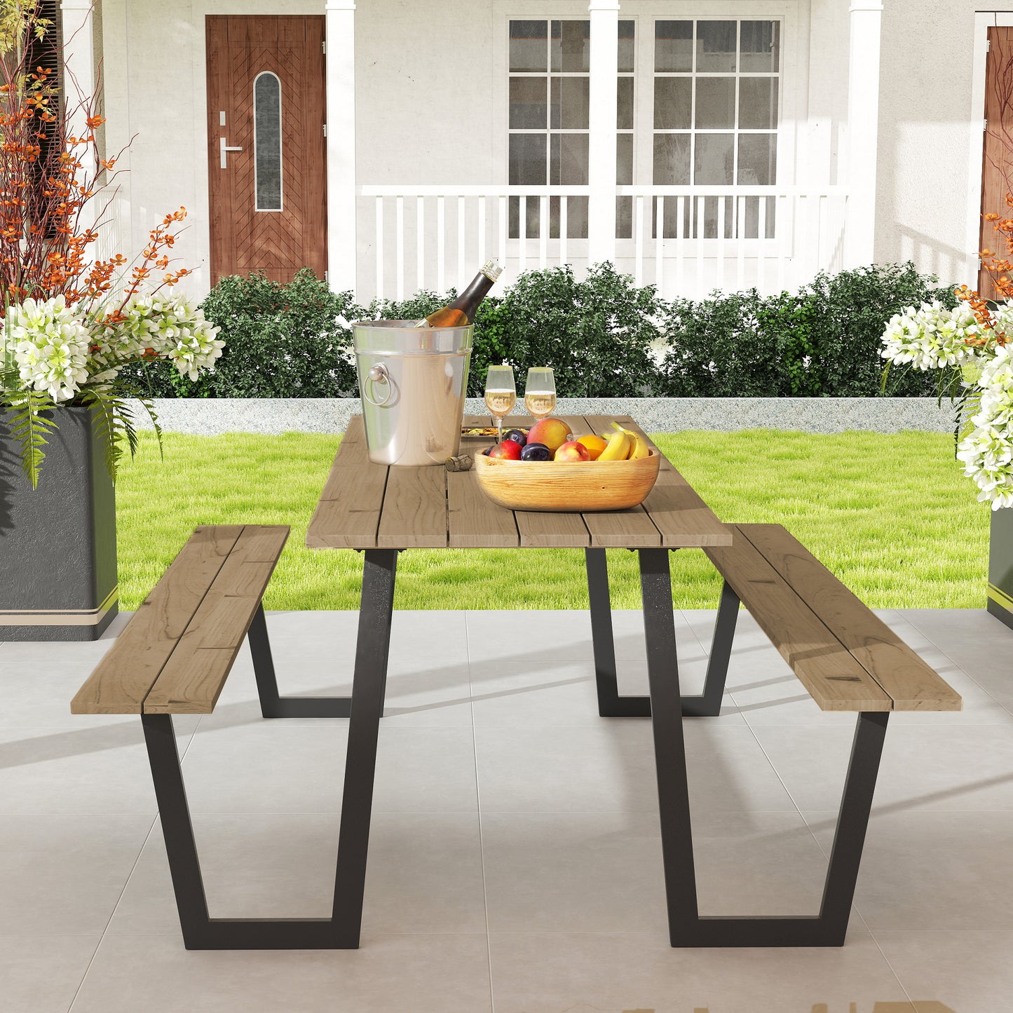 Table de pique-nique d'extérieur de 1,7 m (5,7 pi) avec trou pour parasol de 5 cm (2 po) avec cadre en acier, marron