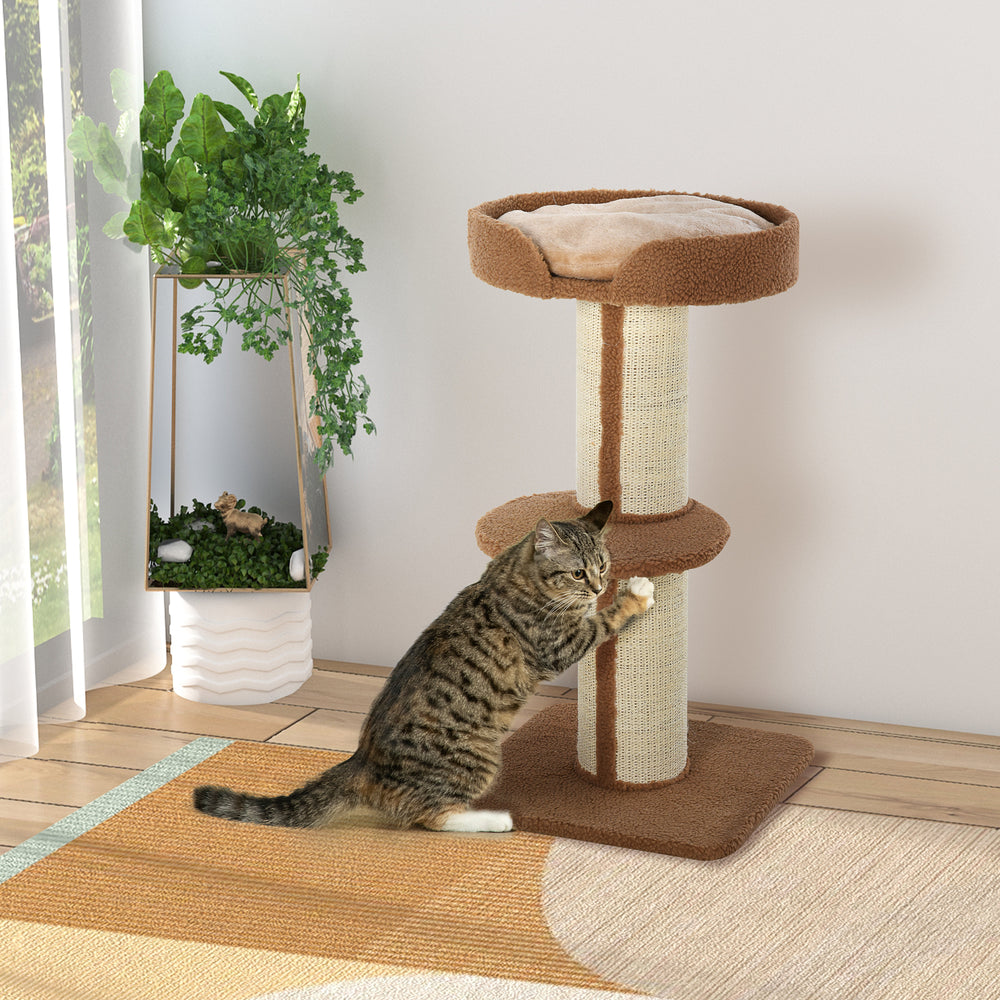 Arbre à chat avec tapis en sisal, griffoir, panier, coussin et perchoir, marron