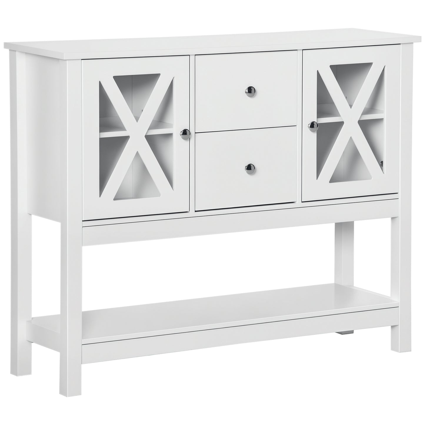 Meuble buffet à portes vitrées avec tiroirs de rangement et étagères réglables, table console pour salon, cuisine, entrée, blanc