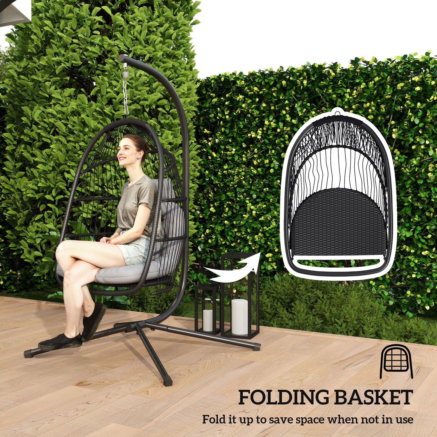 Outsunny Wicker Swing with Stand, Foldable and Hanging, UV Resistant Cushion and Headrest, Dark Grey