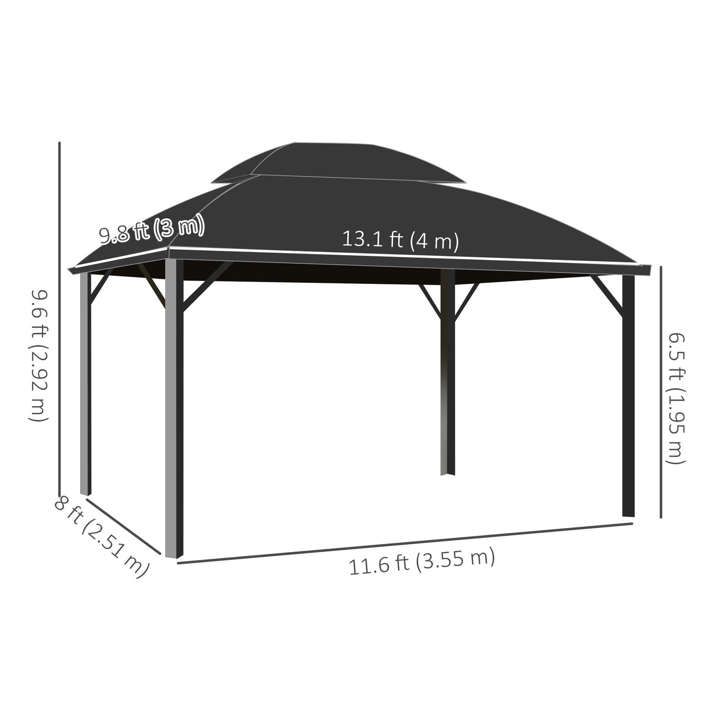 Gazebo 13' x 10', abri extérieur à double toit avec rideaux et cadre en aluminium, noir