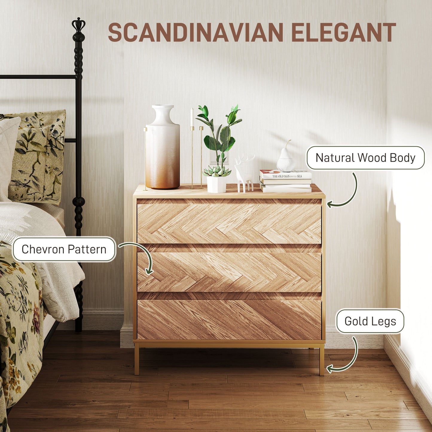 Commode de chambre avec système anti-basculement à 3 tiroirs pour salon, couloir, bois naturel