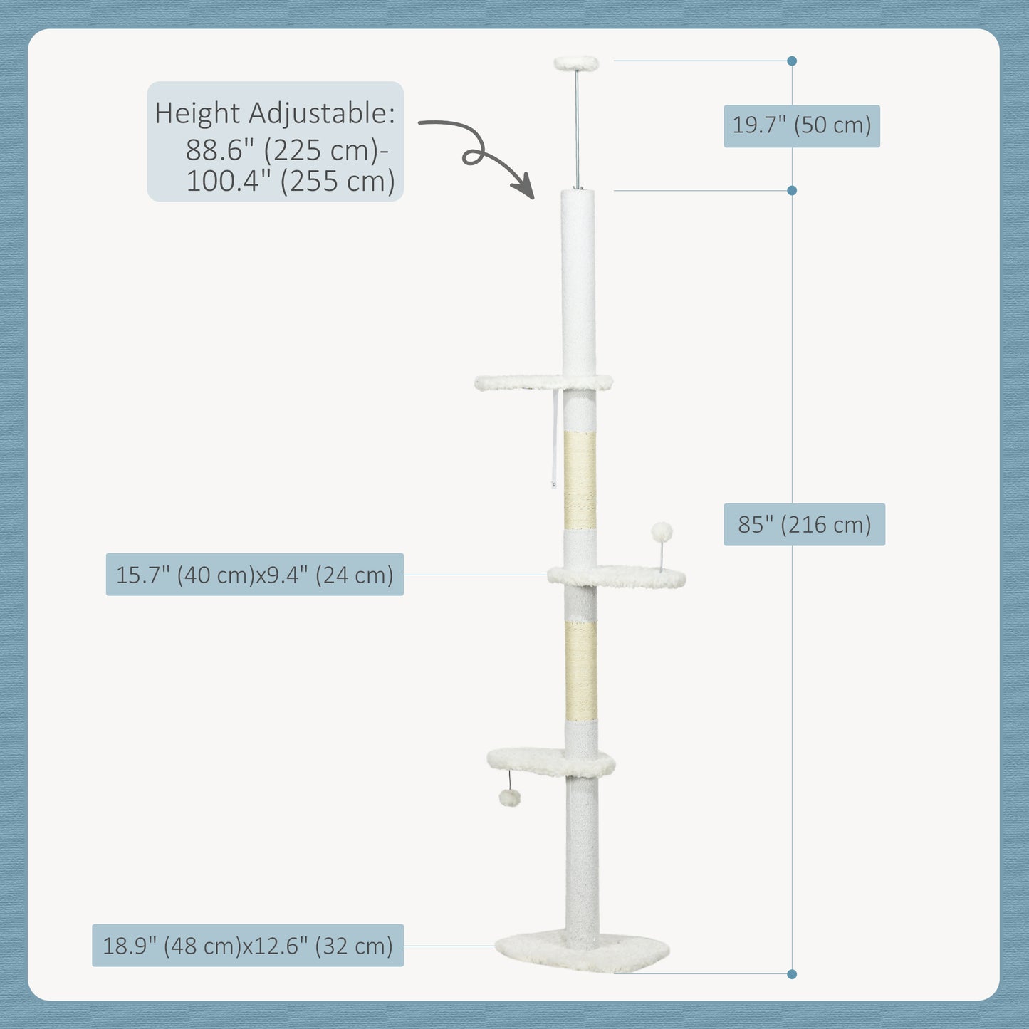Ceiling-High Cat Tree with Scratching Posts, Cloud-Shaped Platforms, Hanging Balls, White