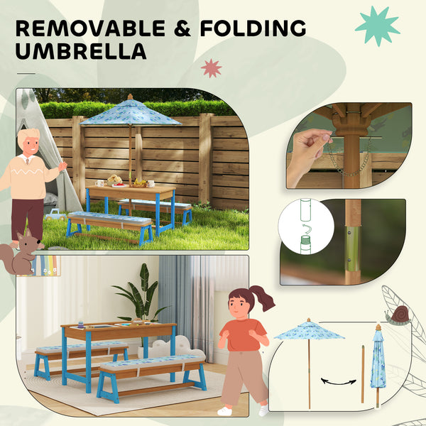 Ensemble table et banc de pique-nique pour enfants avec parasol amovible, bleu