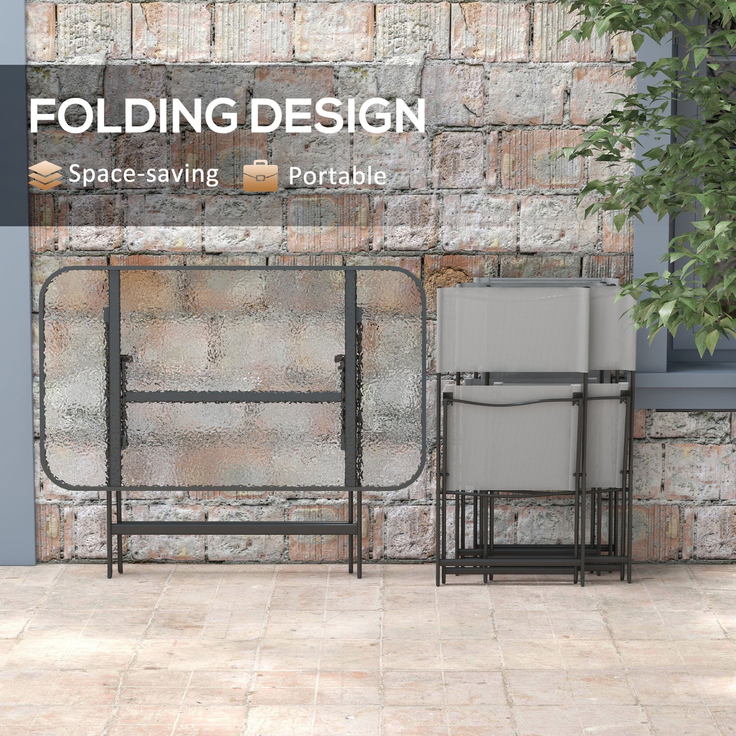 5 Piece Folding Garden Dining Set with 4 Seater Chairs and Large Rectangular Glass Table, Grey