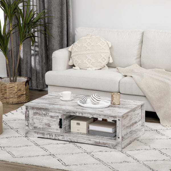 Table basse vintage blanche avec rangement fermé type armoire et compartiments ouverts, idéale pour un salon au style classique ou rétro