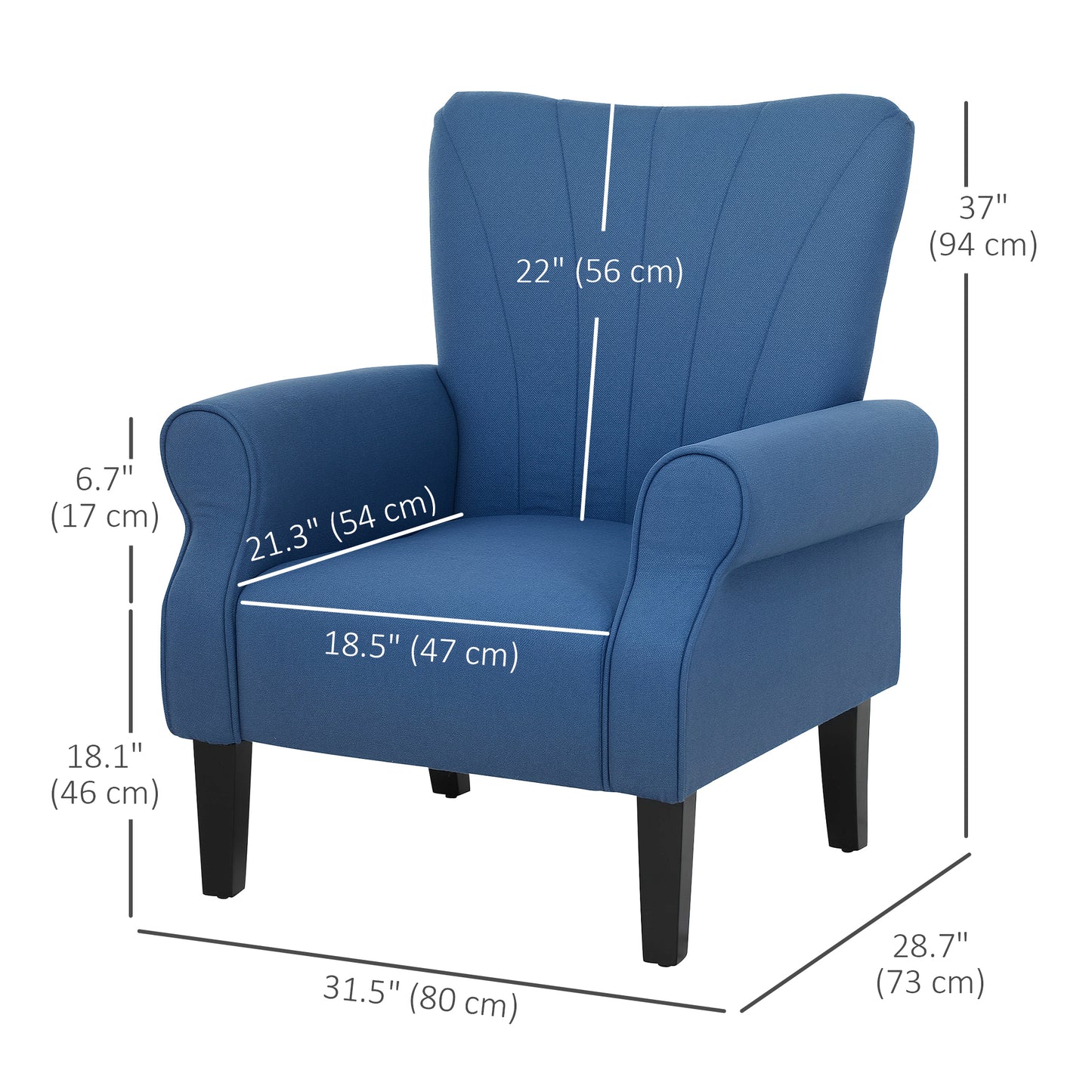 Fauteuil d'appoint moderne en tissu HOMCOM avec pieds en bois pour salon, chambre et bureau, bleu foncé