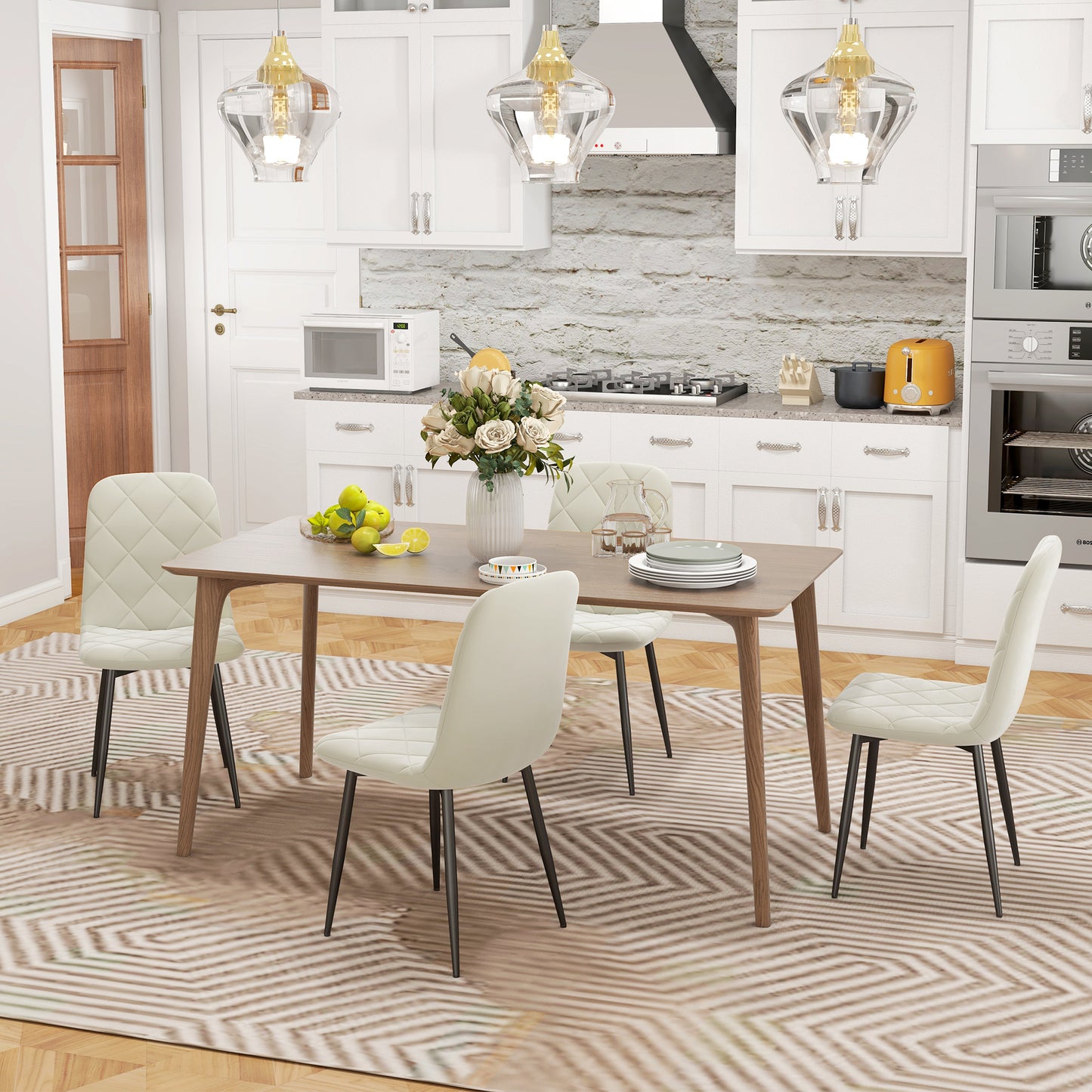 Lot de 4 chaises de salle à manger rembourrées avec pieds en acier, couleur crème