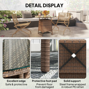 Round garden table with umbrella hole, bistro coffee table with tempered glass top, brown