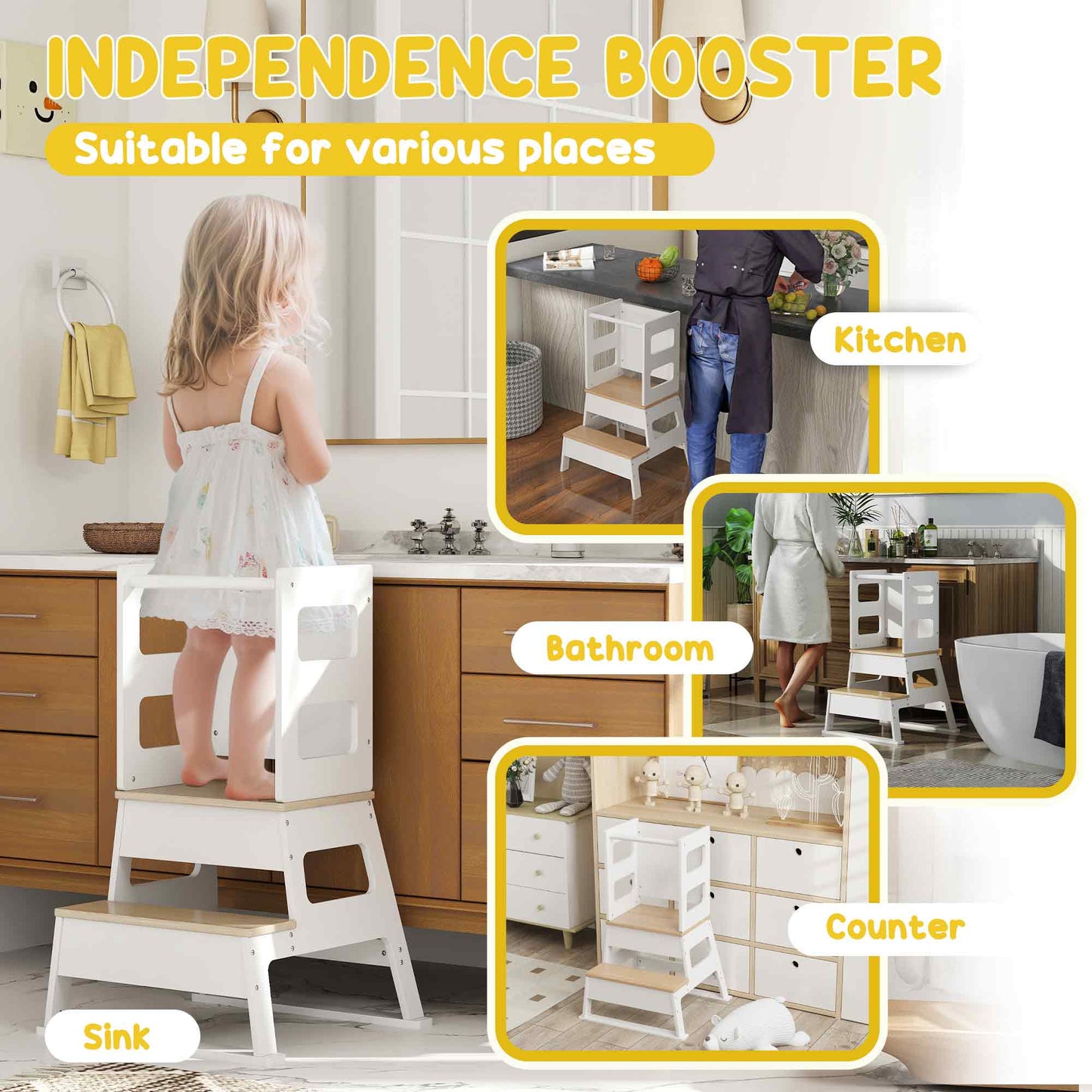 2-in-1 Toddler Kitchen Tower with Chalkboard and Safety Rail, White