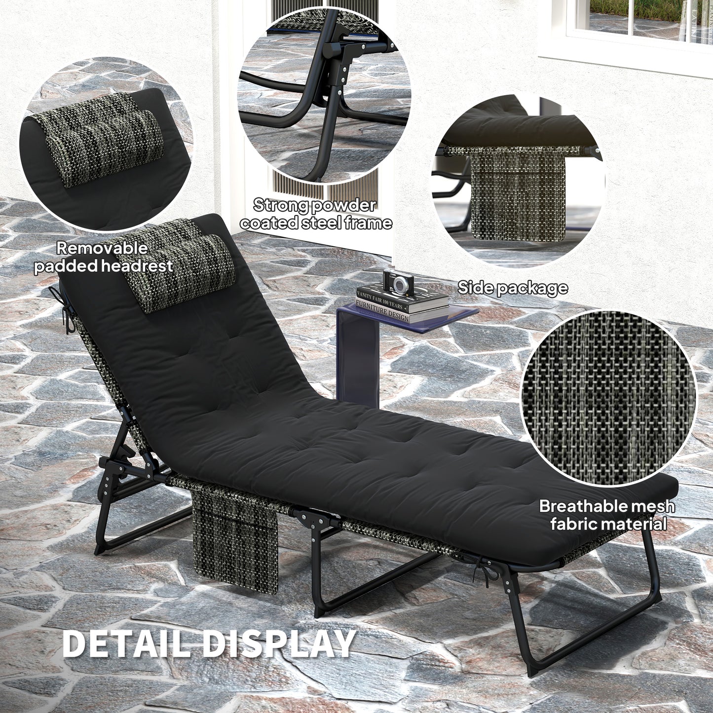 Outsunny Folding Lounge Chair with 4-level Reclining Back & Cushion, Black |