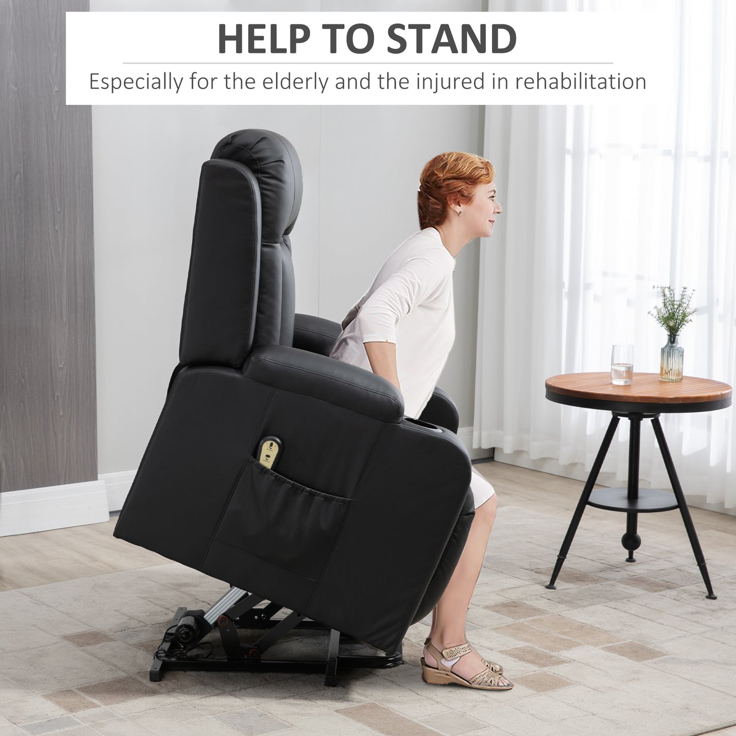 Fauteuil releveur électrique, fauteuil inclinable en cuir PU avec repose-pieds, télécommande, poches latérales et porte-gobelets, noir