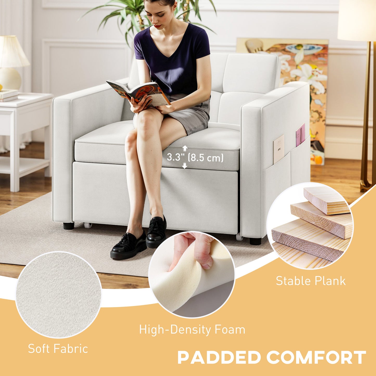 Fauteuils-lits avec port USB, dossier réglable en velours, blanc crème