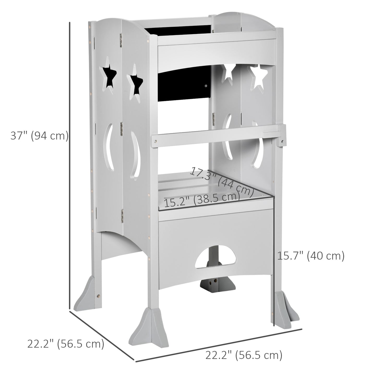 Foldable Toddler Kitchen Step Stool with Chalkboard and Locking Handrail for Kids Ages 3-6 Years Old Grey