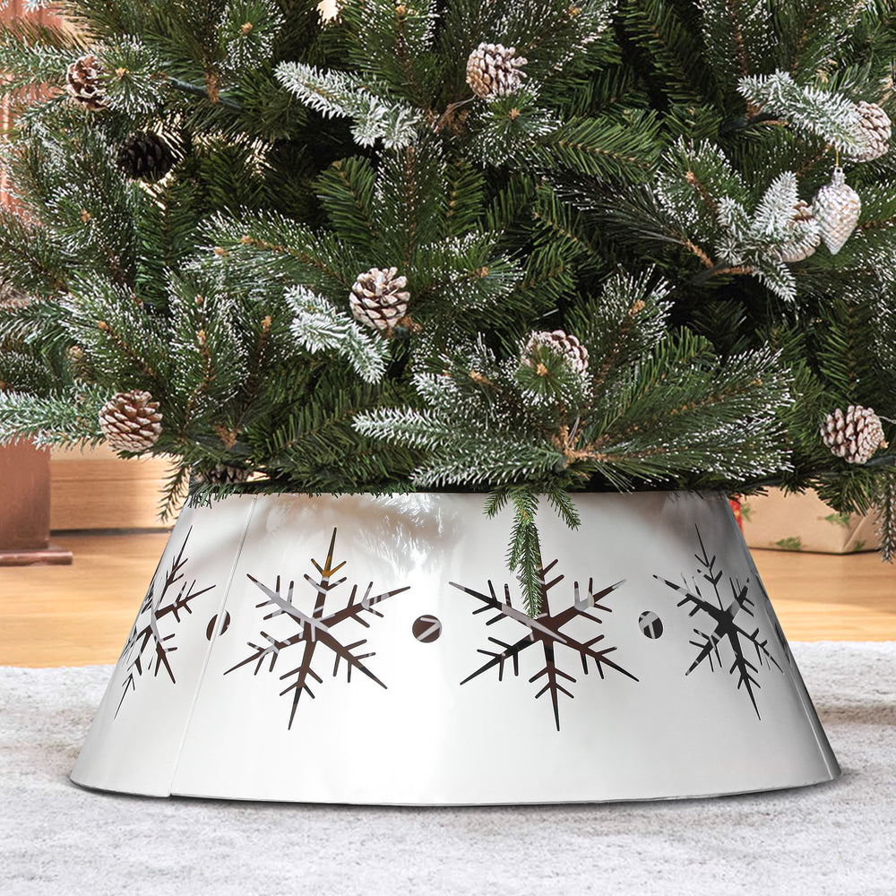 Cache-pied pour sapin de Noël de 66 cm avec motifs de flocons de neige blanc