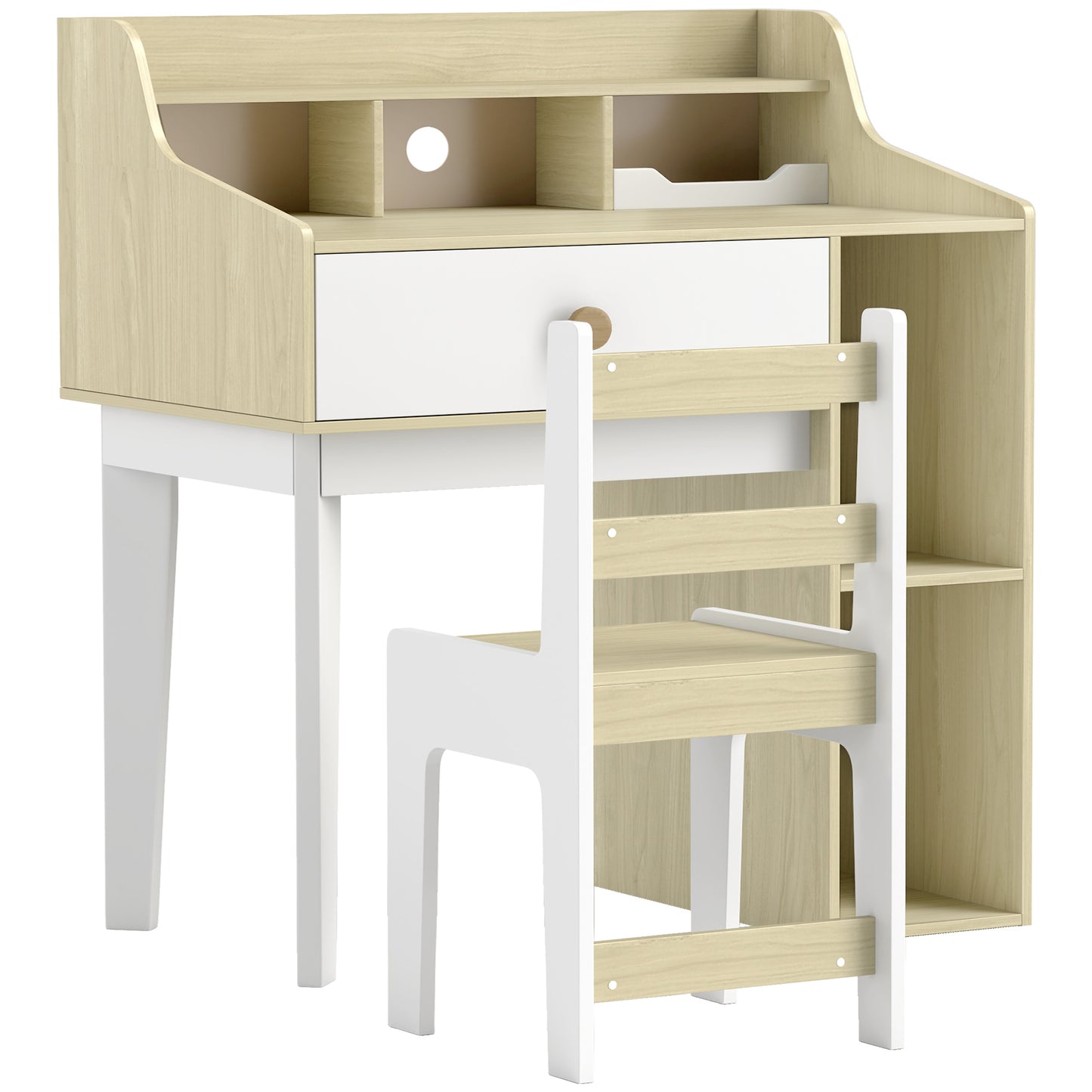 Ensemble bureau et chaises pour enfants, avec étagères de rangement et tiroir, de 3 à 10 ans, blanc