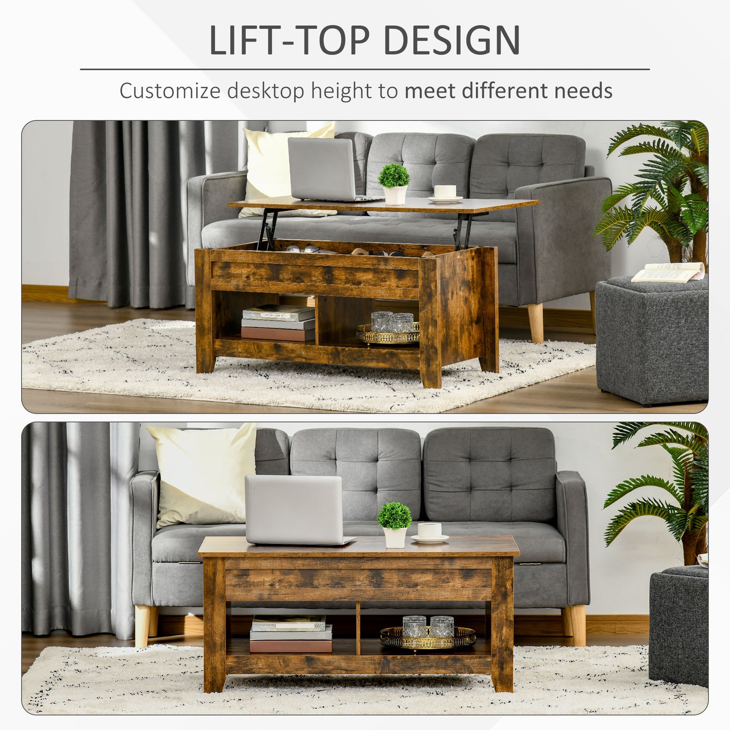Table basse relevable avec compartiment de rangement dissimulé et étagères ouvertes, marron