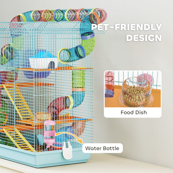 Cage pour hamste à 5 niveaux pour petits animaux avec système de tunnel, roue d'exercice, bouteille d'eau, bleu clair