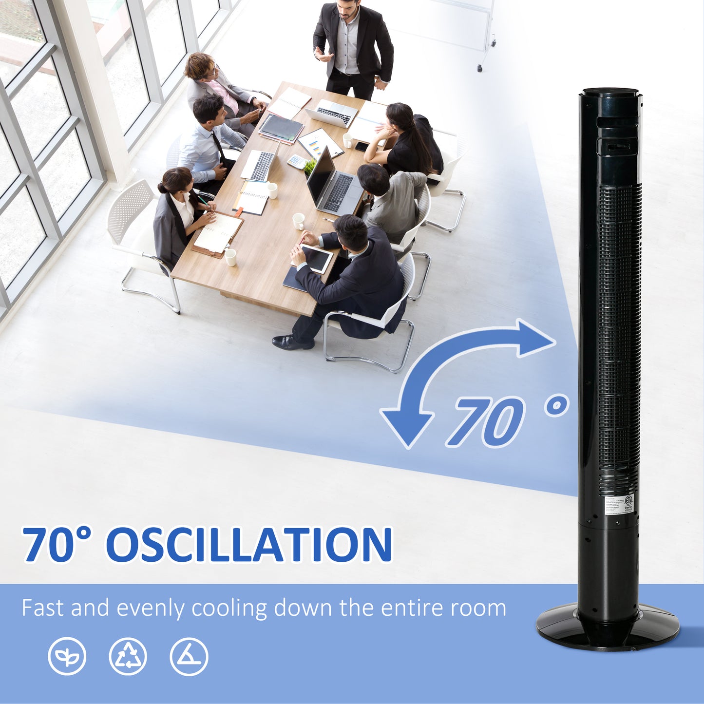 Ventilateur tour autonome avec oscillation, 3 vitesses, minuterie 12 h, panneau de capteur LED, télécommande, noir