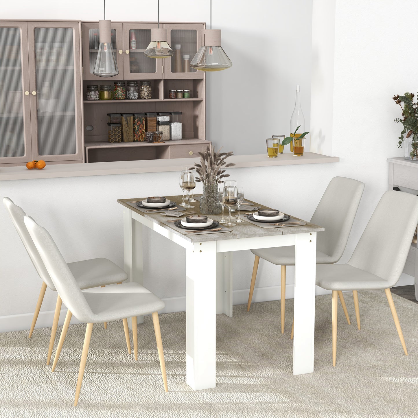 Table de cuisine pour 4 à 6 personnes, table à manger avec plateau plaqué, gris