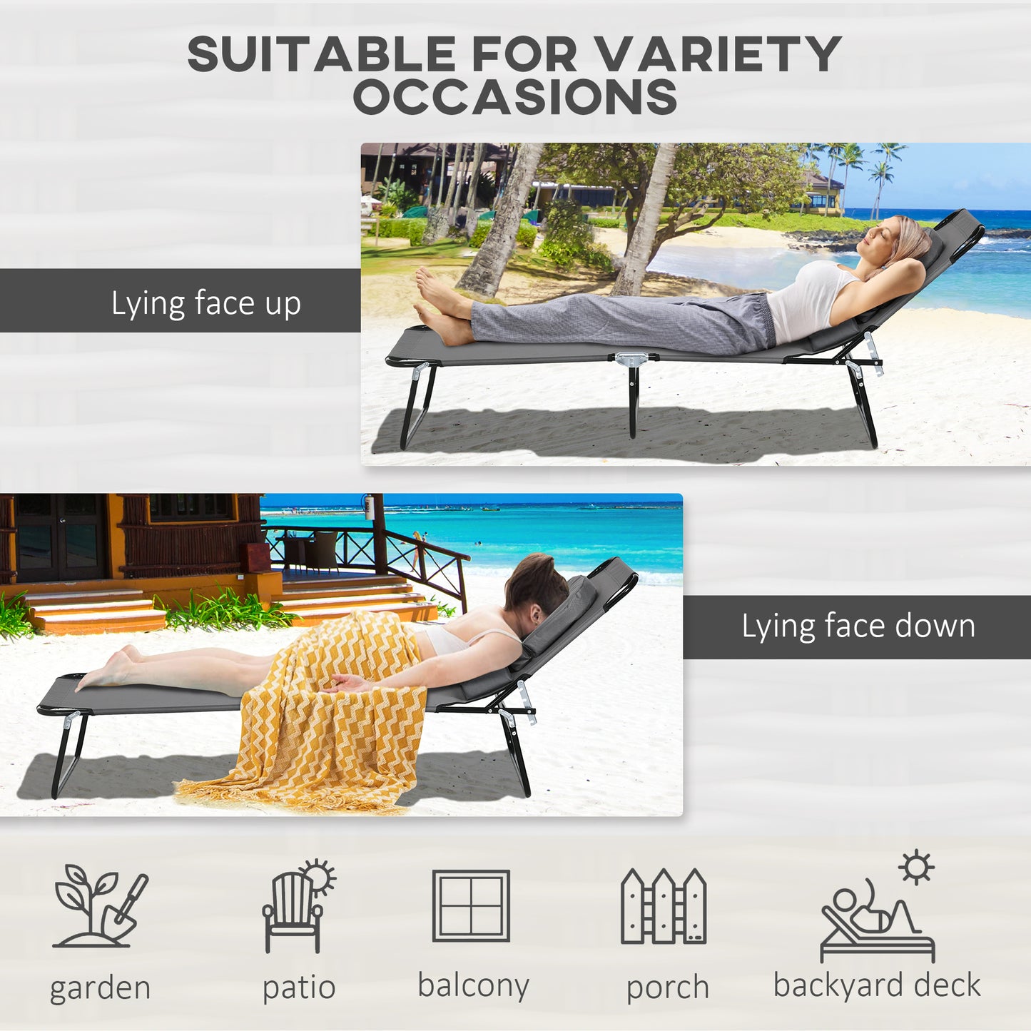 Lot de 2 chaises longues d'extérieur réglables avec trou pour le visage, siège inclinable pour bronzage, gris