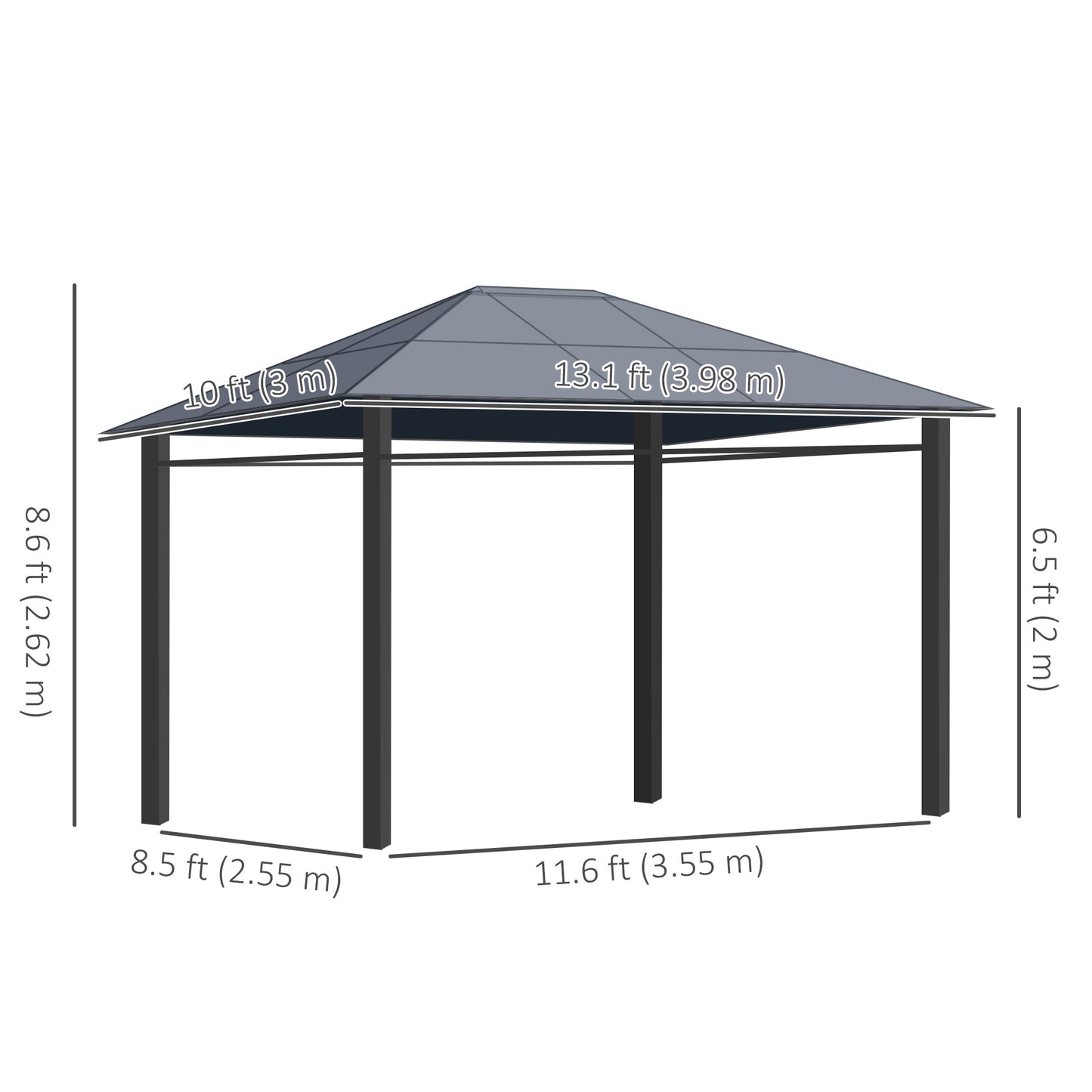 Outsunny 13' x 10' Rigid Polycarbonate Garden Gazebo with Aluminum Frame and Curtains, Dark Grey