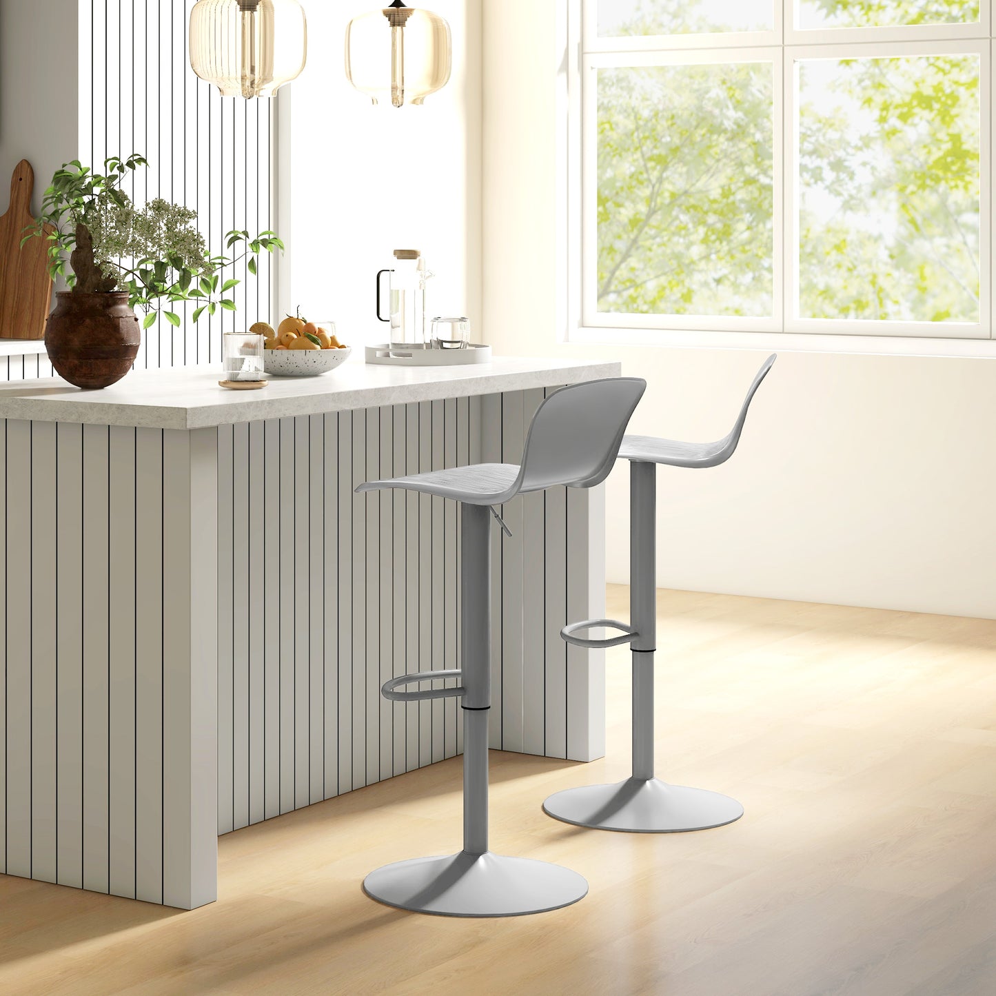 Lot de 2 tabourets de bar pivotants en polypropylène, hauteur réglable, repose-pieds et dossier, gris