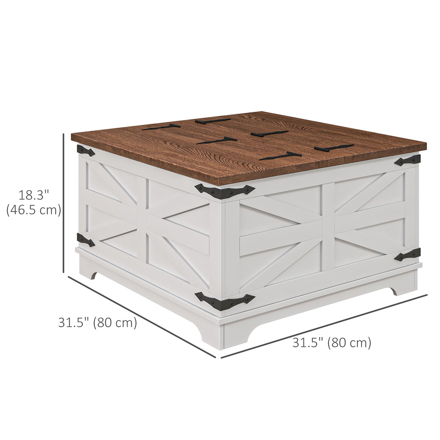 Table basse carrée style ferme avec couvercles rabattables et compartiment de rangement dissimulé, blanche