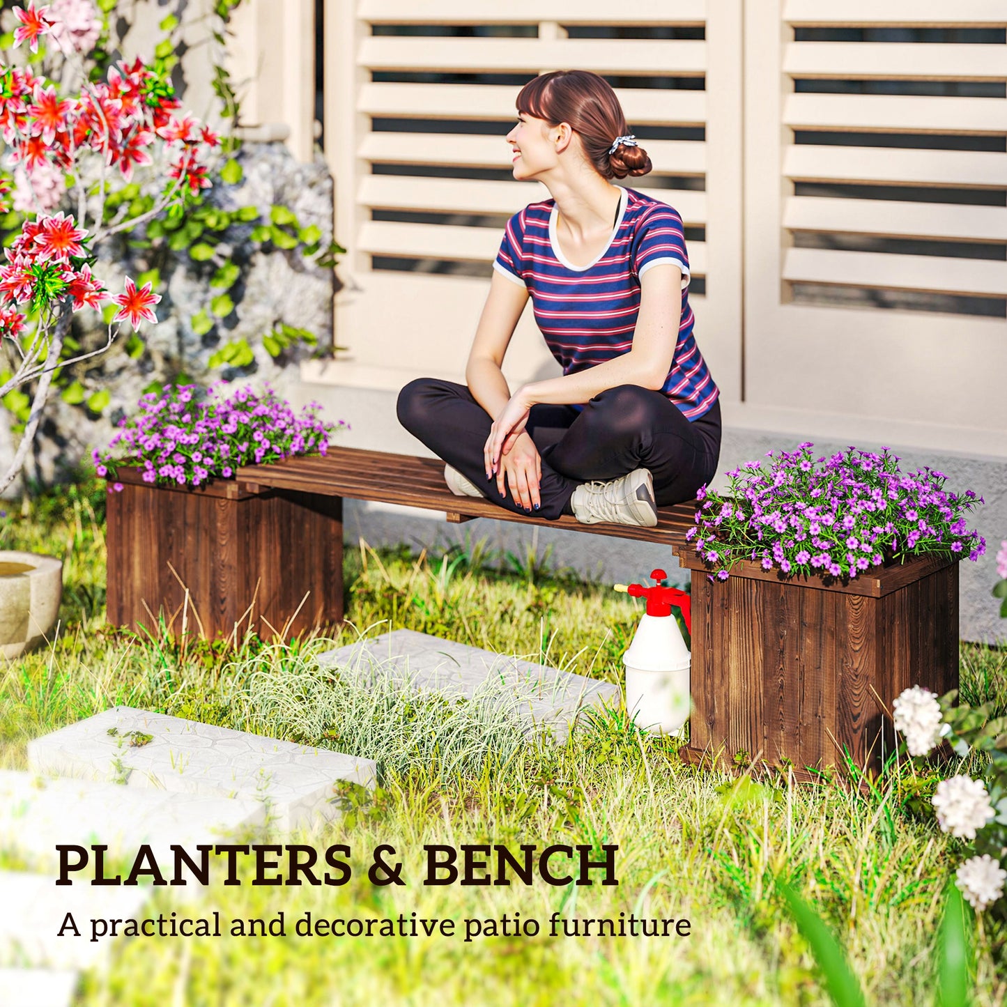 Outsunny Raised Garden Bench Planter for Patio and Park, 175 x 38 x 40 cm, Carbonized