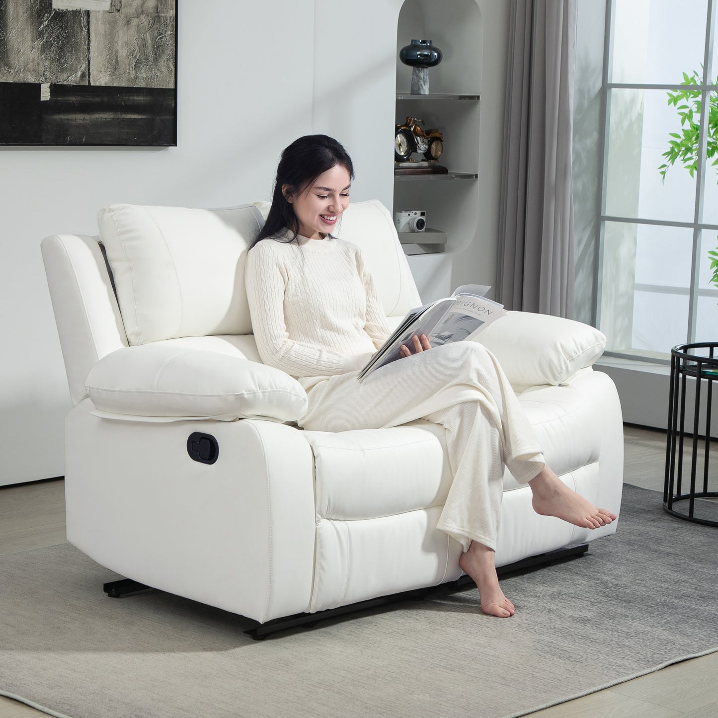 Manual Reclining Sofa Faux Leather Sofa with Retractable Footrest for Living Room, White