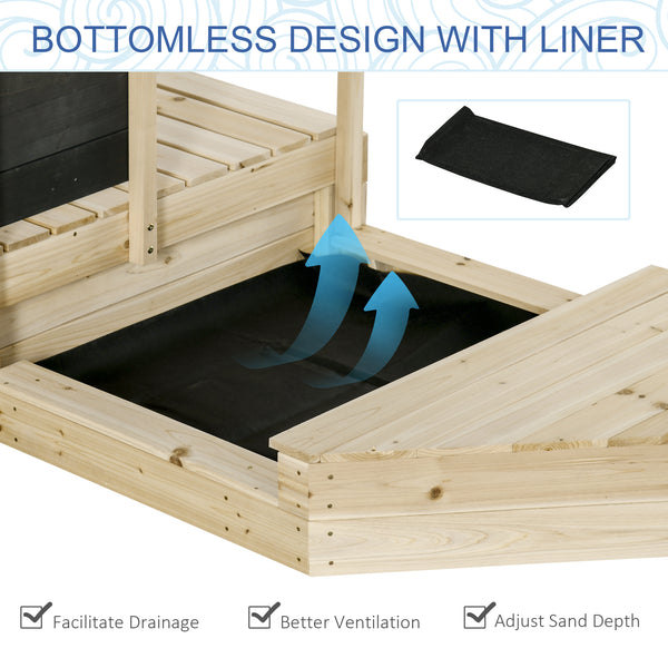 Bac à sable en bois avec couvercle, drapeau et revêtement de fond, bois naturel