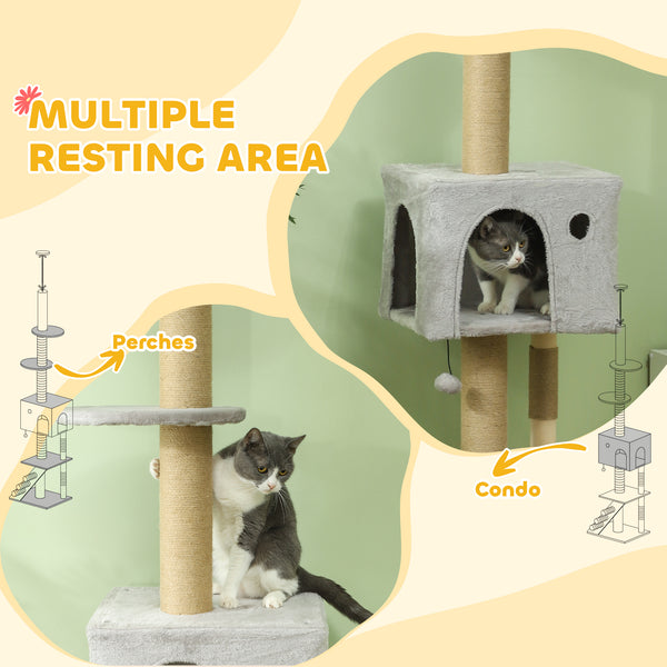 226-254 cm Cat Tree with Scratching Post, House, 3 Steps, Hanging Ball and Perches, Light Grey