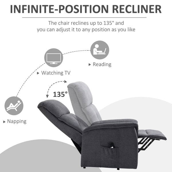Fauteuil releveur électrique inclinable avec télécommande et poche latérale, gris
