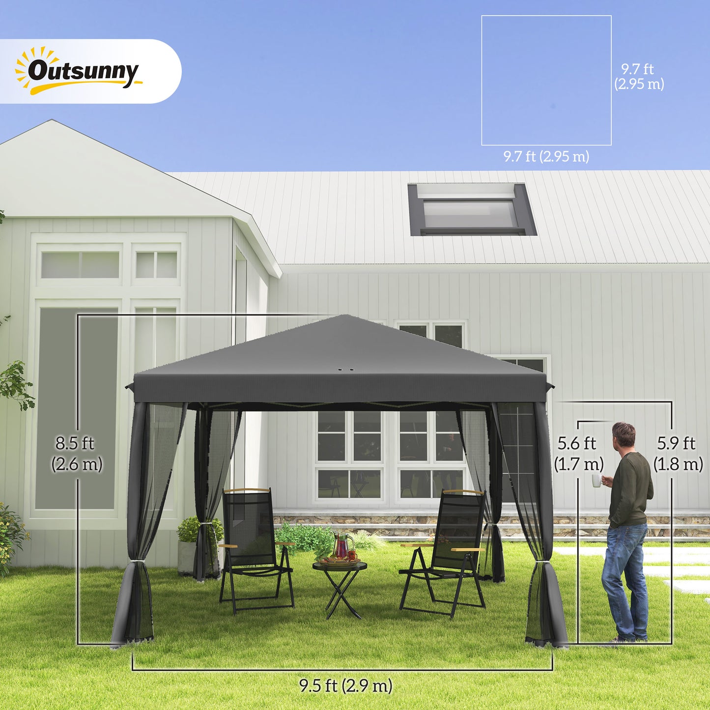 Gazebo 10' x 10' avec filet latéral amovible et sac de transport pour terrasse extérieure, gris clair