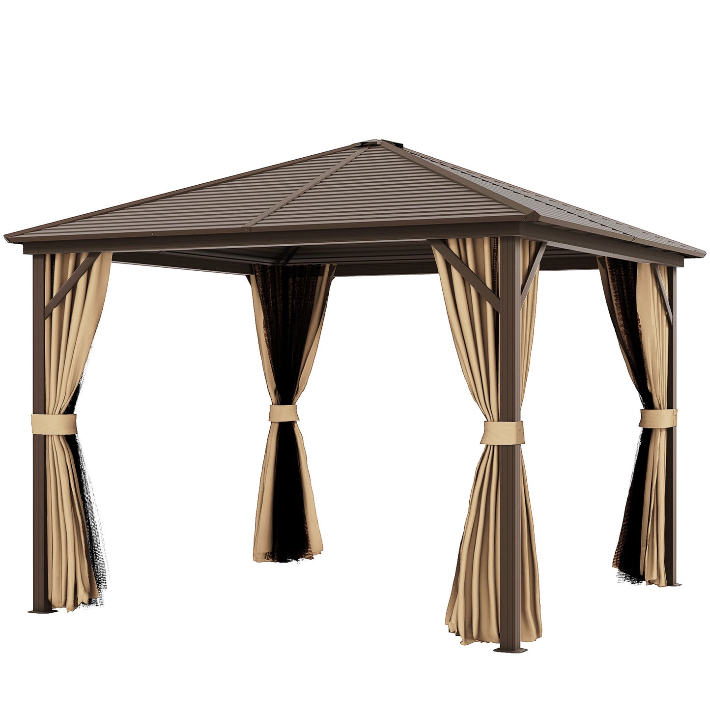 Gazebo 10' x 10' à toit rigide en aluminium avec moustiquaire, rideaux et crochet de suspension, marron