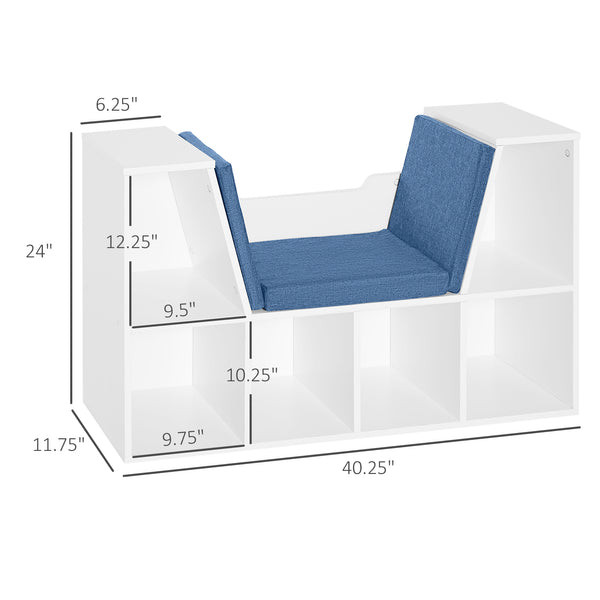 Bibliothèque à 6 compartiments avec coussin d'assise pour coin de lecture, bleu