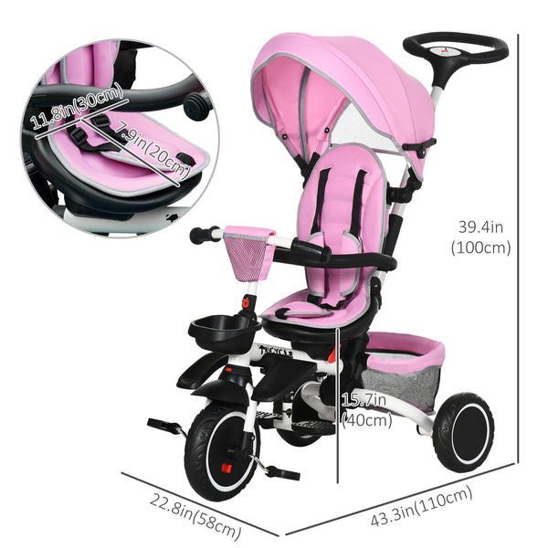 Tricycle 6 en 1 pliable avec siège réglable et poignée de poussée, rose