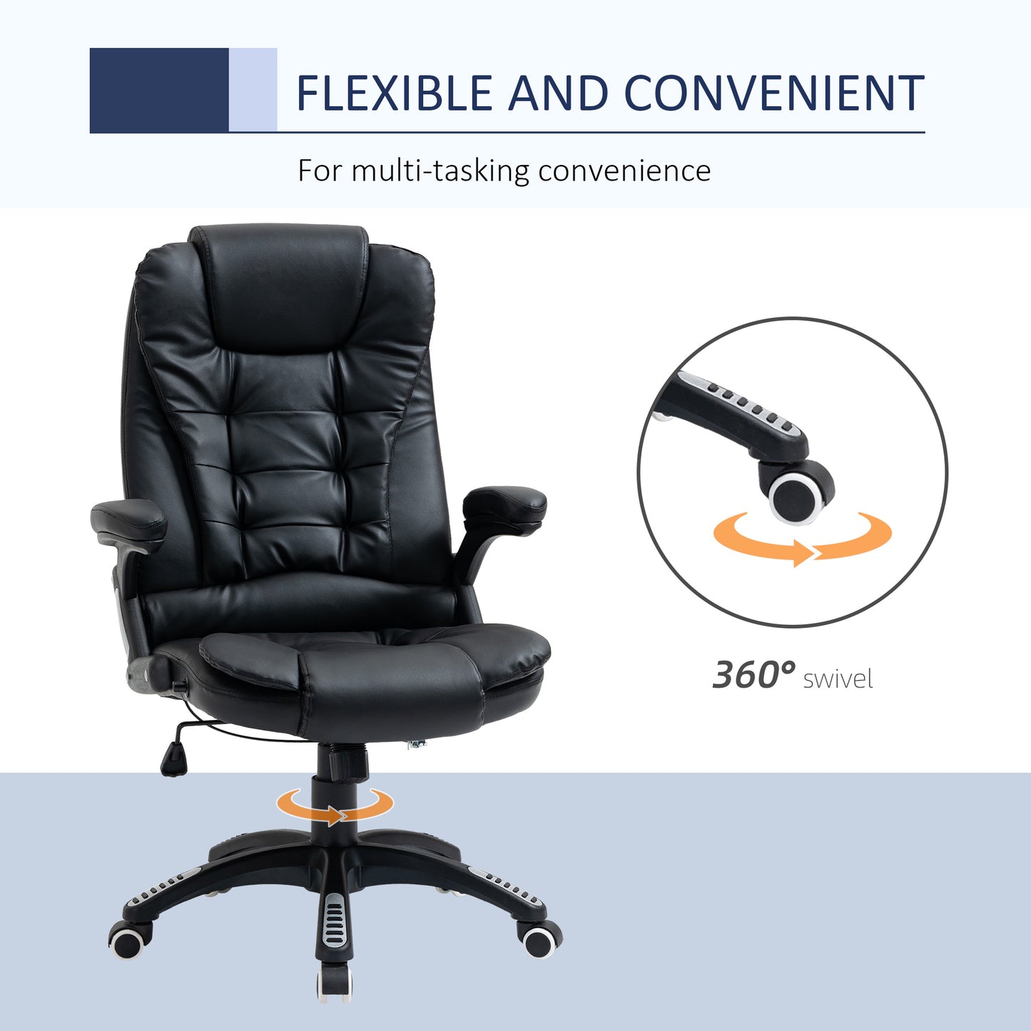 Fauteuil de bureau en cuir synthétique, inclinable, avec roulettes pivotantes, accoudoirs, hauteur réglable, dossier haut, noir