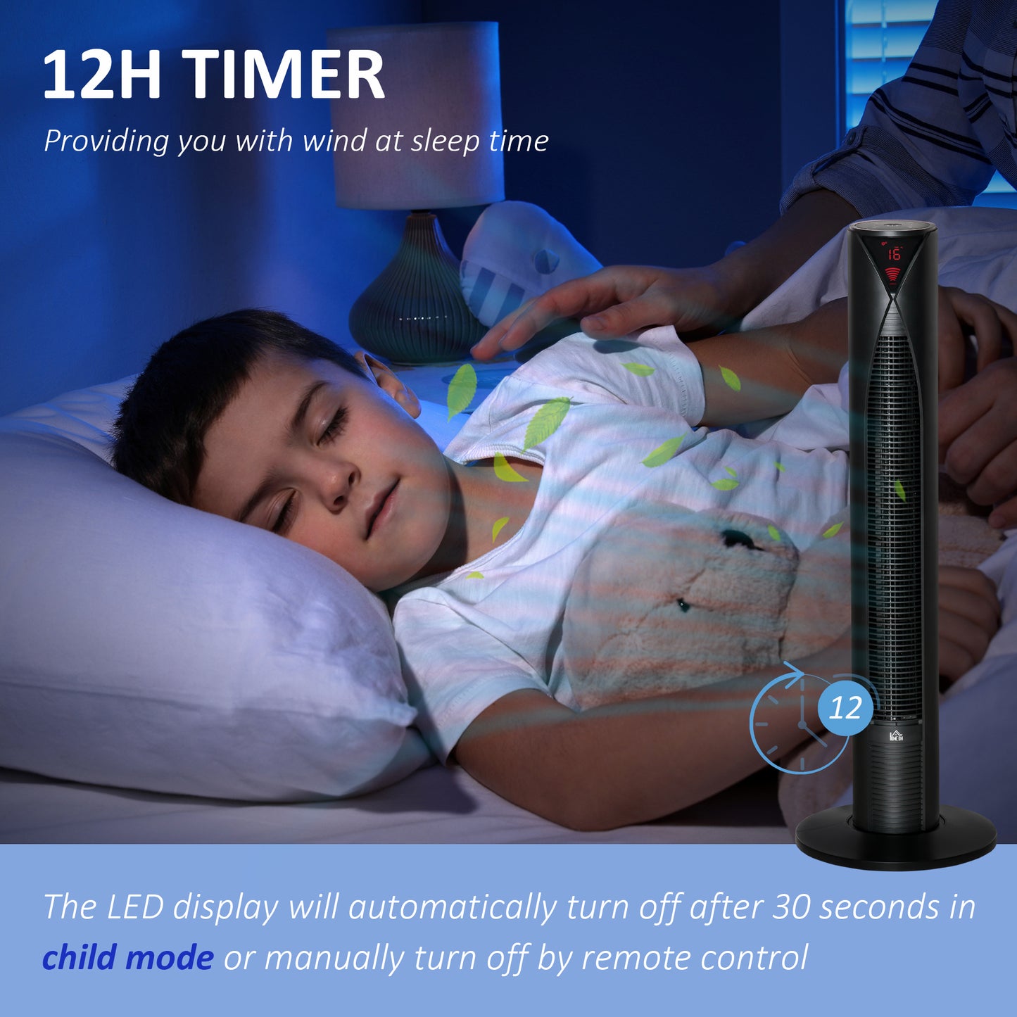 Ventilateur tour autonome avec 3 vitesses, minuterie 12 h, oscillant, panneau de capteur LED, télécommande, noir
