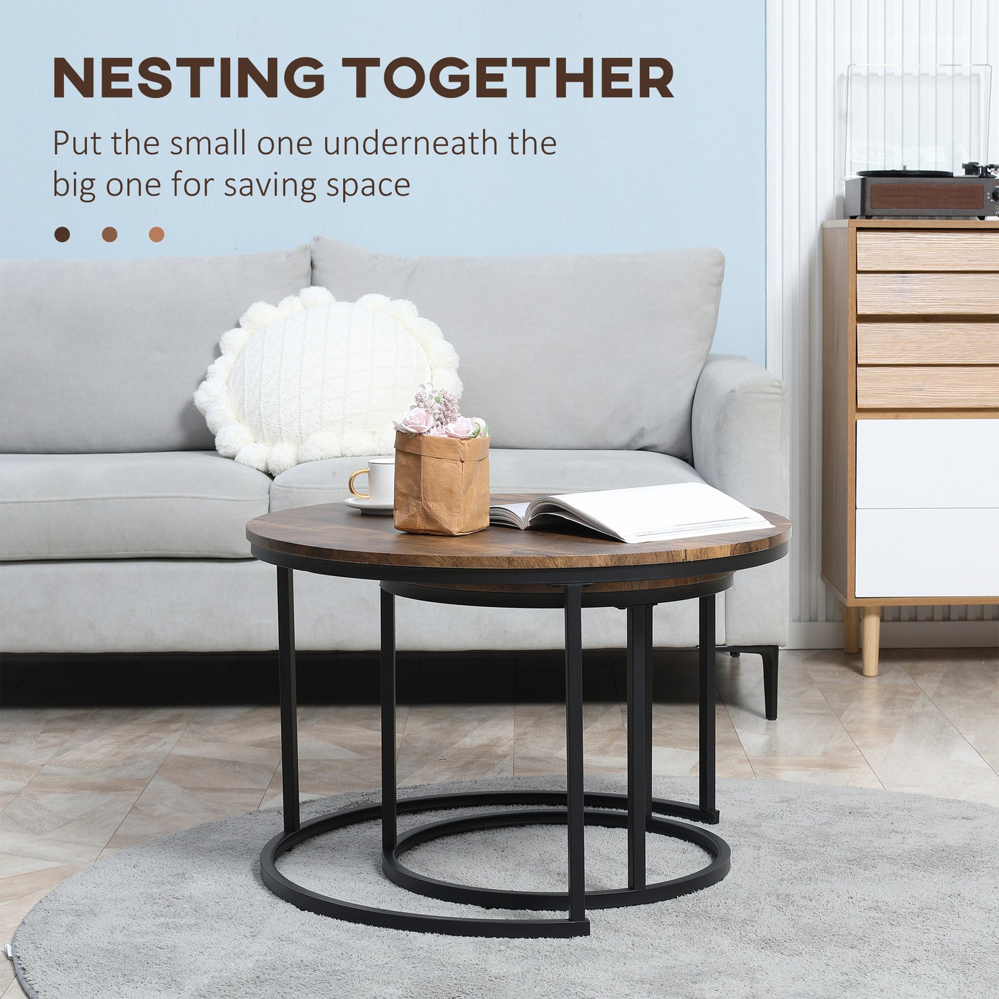 Lot de 2 tables basses rondes de 74 cm, tables d'appoint modernes pour salon avec base en métal, marron rustique