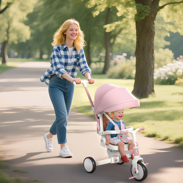 Tricycle 7 en 1 avec harnais de sécurité, poignée parentale réglable et amovible, rose