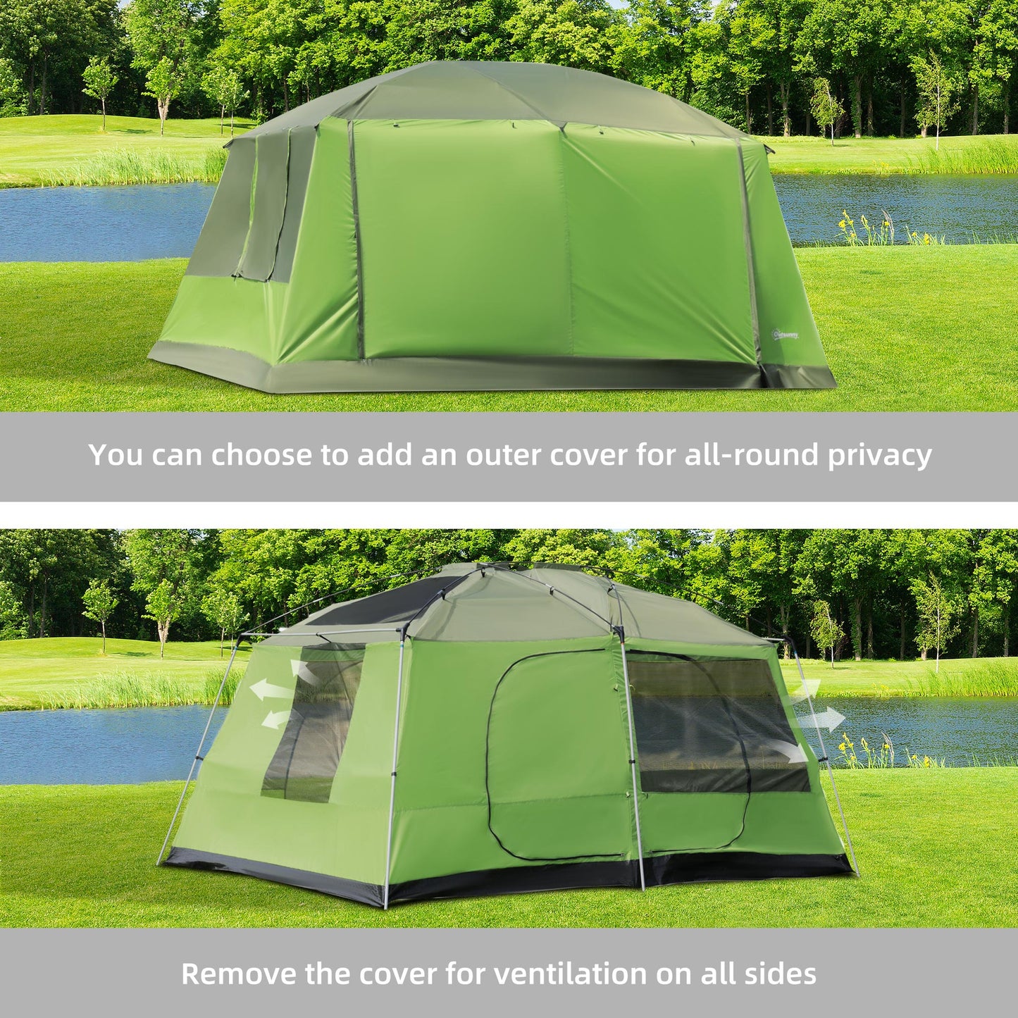 Outsunny Tunnel Tent with Porch, Two Rooms, Lamp Hook, Portable Carry Bag, Green