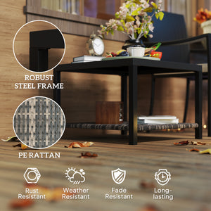 Table basse d'extérieur avec plateau en verre trempé et étagère de rangement pour terrasse, jardin et balcon, noire