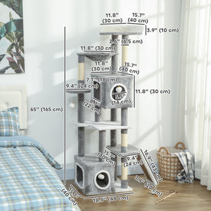 65-inch Cat Tree with 2 Doors, Plush Perch, Hammock, Sisal Scratching Posts, Grey