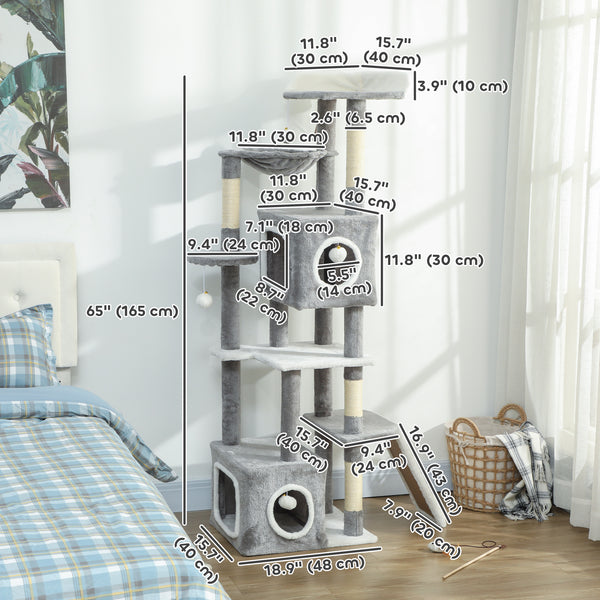 65-inch Cat Tree with 2 Doors, Plush Perch, Hammock, Sisal Scratching Posts, Grey
