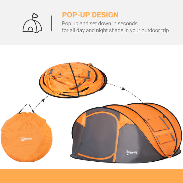 4 Person Camping Tent, Easy to Set Up with Doors, Windows and Carry Bag, Self-Setting, Orange