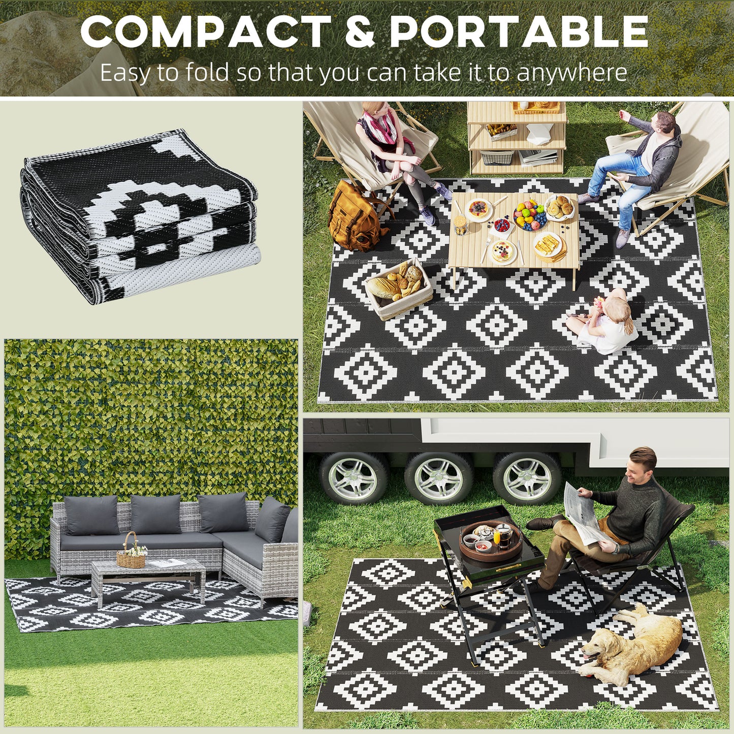 Reversible Outdoor Patio Rug, 6' x 9' Plastic Straw Mat for Garden, Patio, Beach, Camping, Black and White