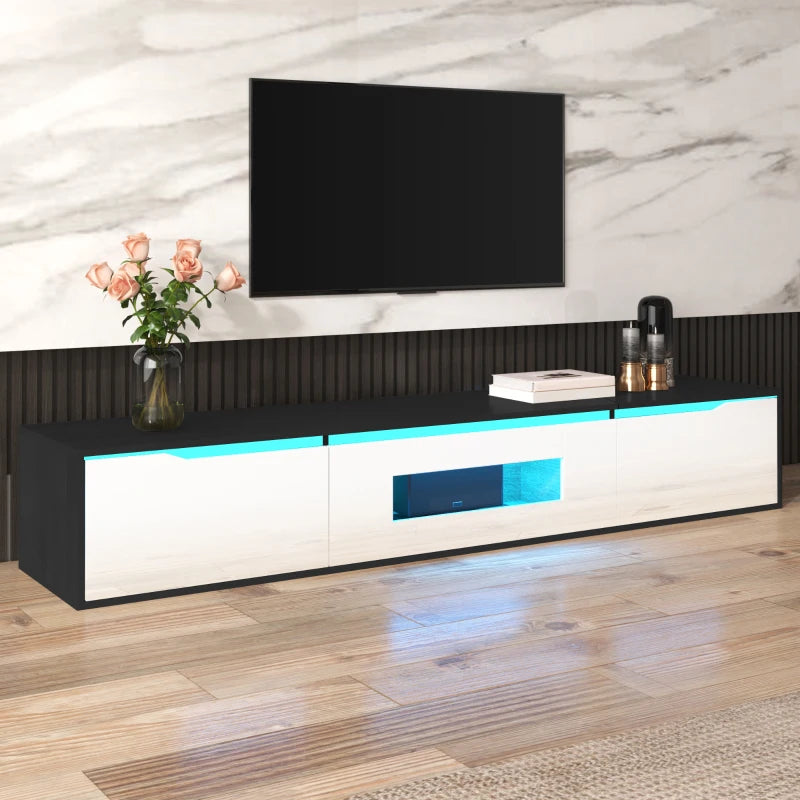 Meuble TV haute brillance avec éclairage LED personnalisable et options de montage polyvalentes, noir et blanc